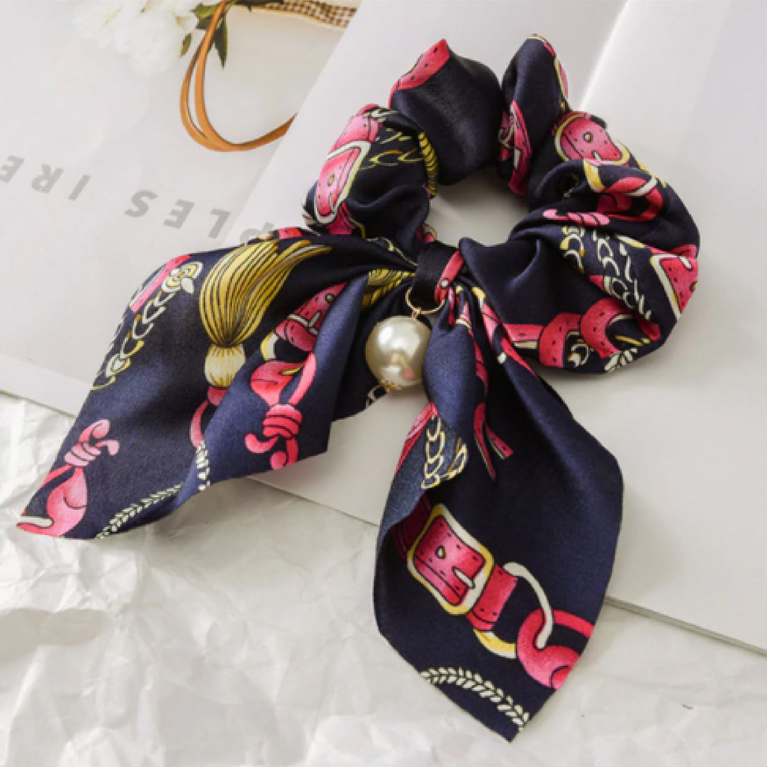 Chiffon Bowknot Satin Scrunchies Navy Blue and Pink Lifestyle