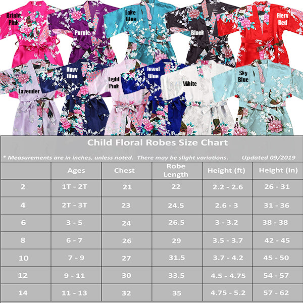 Bright Pink Mommy and Me Robes, Floral, Satin, Child Size Guide Chart, all SKUs