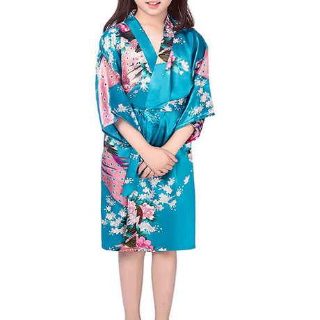 Girls Robes, Floral with Peacocks Design, Flower Girl, Model, Lake Blue
