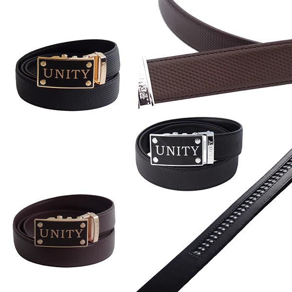 FEDEY Mens Classic Ratchet Belt with UNITY Statement Buckle, Leather, Altview, all SKUs