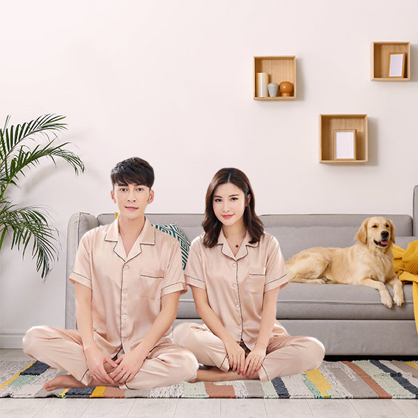 Couples Pajamas, Short Sleeve with Long Pants, Lifestyle, Beige