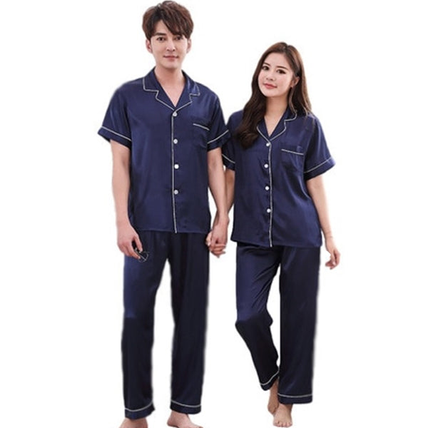 Couples Pajamas, Short Sleeve with Long Pants, Main, Navy Blue