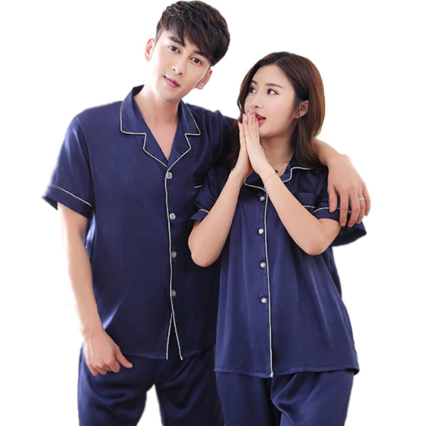 Couples Pajamas, Short Sleeve with Long Pants, Alt1, Navy Blue
