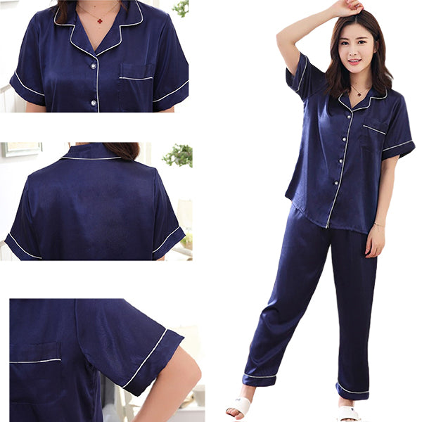 Couples Pajamas, Short Sleeve with Long Pants, Details, Navy Blue