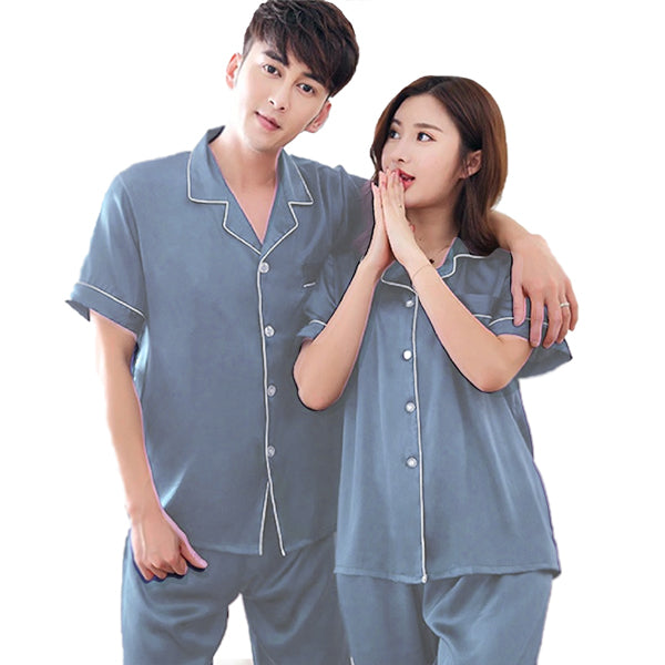 Couples Pajamas, Short Sleeve with Long Pants, Alt 1, Slate Blue