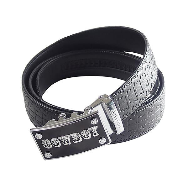 FEDEY Mens Signature Ratchet Leather Belt, COWBOY Buckle, Statement Belt, Alt view, Black/Silver