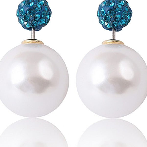 Designer Double Pearl Crystal Earrings with Blue top - Gifts Are Blue - 5