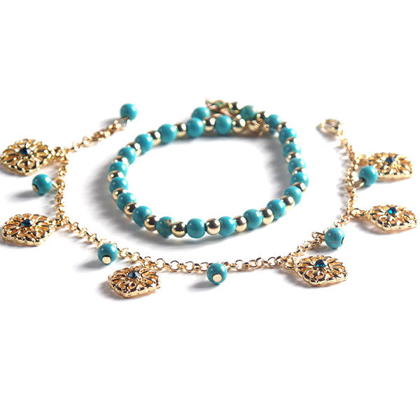 Stylish Double Anklet with Turquoise Beads and Gold Plated Chain - Gifts Are Blue - 2