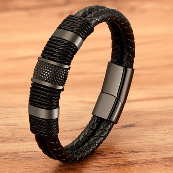 Double Layer Woven Leather Mens Bracelet - Gifts for Him - Closeup - Black