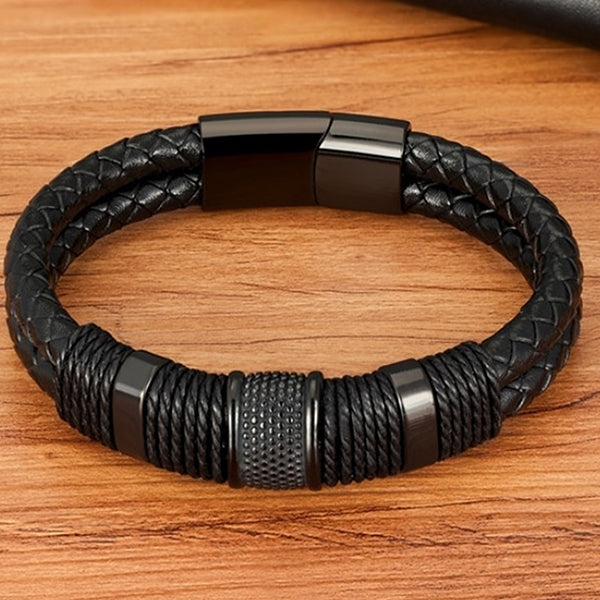 Double Layer Woven Leather Mens Bracelet - Gifts for Him - Flat - Black