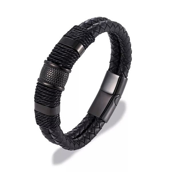 Double Layer Woven Leather Mens Bracelet - Gifts for Him - Main - Black