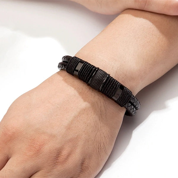 Double Layer Woven Leather Mens Bracelet - Gifts for Him - Model - Black