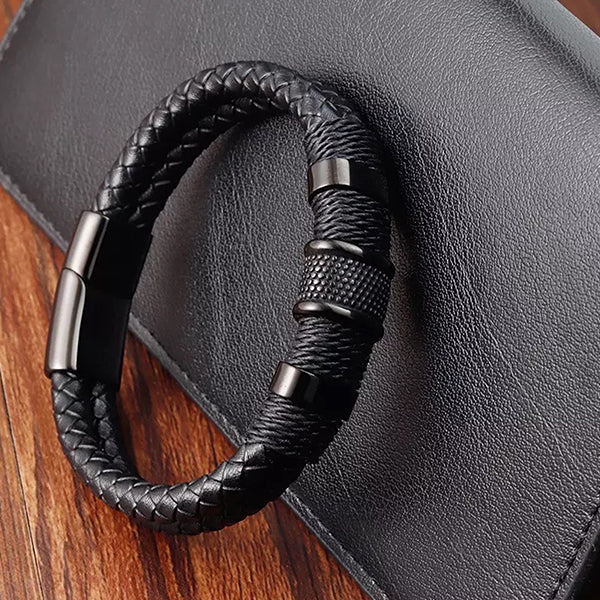 Double Layer Woven Leather Mens Bracelet - Gifts for Him - Sideview- Black