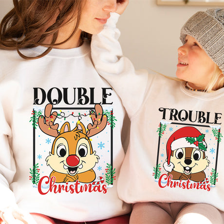 Cute matching mommy and me Double Trouble Christmas sweatshirts also for siblings and couples. All SKUs