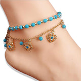 Stylish Double Anklet with Turquoise Beads and Gold Plated Chain
