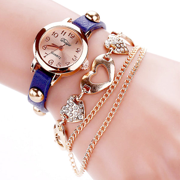 Duoya Girls Bracelet Watch with Goldtone Heart Charms