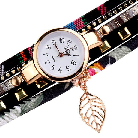 Duoya Teen Girls Casual Fabric Bracelet Watch with Leaf Charm black closeup