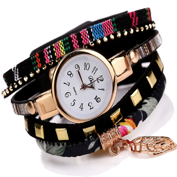 Duoya Teen Girls Casual Fabric Bracelet Watch with Leaf Charm black main