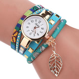 Duoya Teen Girls Casual Fabric Bracelet Watch with Leaf Charm blue hand