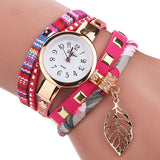 Duoya Teen Girls Casual Fabric Bracelet Watch with Leaf Charm rose hand