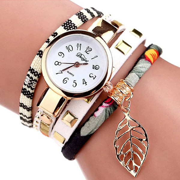 Duoya Teen Girls Casual Fabric Bracelet Watch with Leaf Charm White hand
