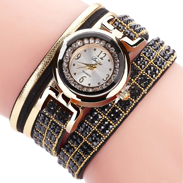 Duoya Womens Bracelet Watch Gold Rhinestone Design-black-hand