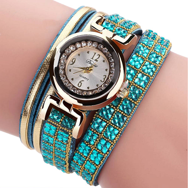 Duoya Womens Bracelet Watch Gold Rhinestone Design-mintgreen-hand