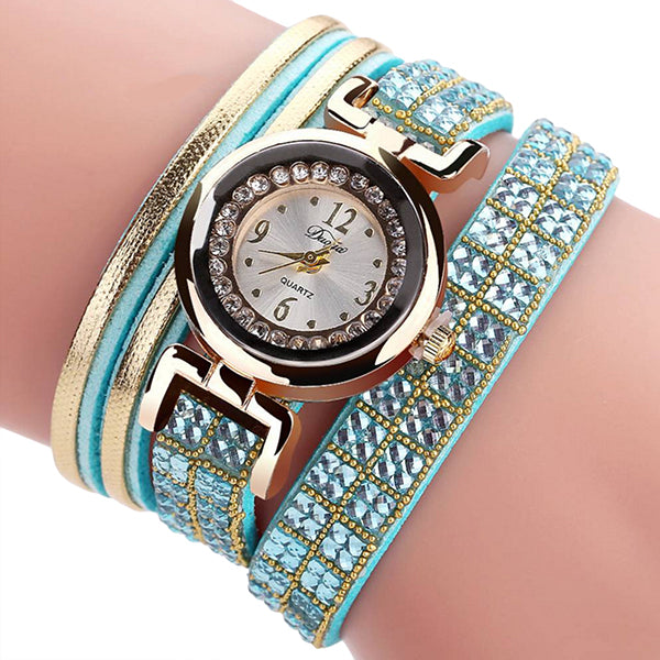 Duoya Womens Bracelet Watch Gold Rhinestone Design-skyblue-hand