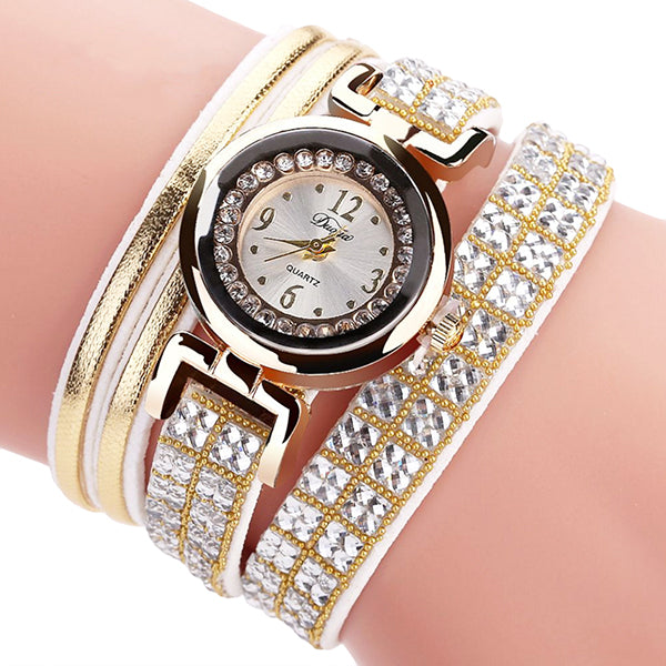 Duoya Womens Bracelet Watch Gold Rhinestone Design-white-hand