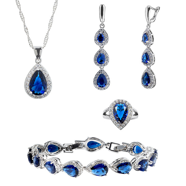 4 pc Womens Jewelry Set, 925 Sterling Silver, Sapphire; Blue/Silver