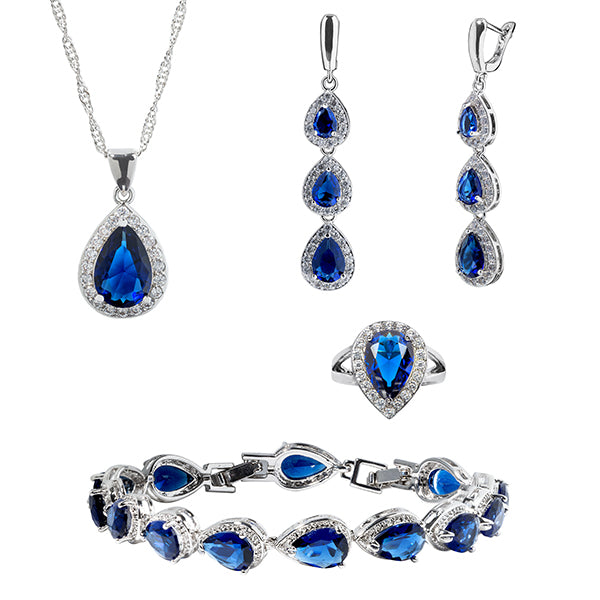 Womens 4 Pc Water Drop Jewelry Set, 925 Sterling Silver Set, Blue