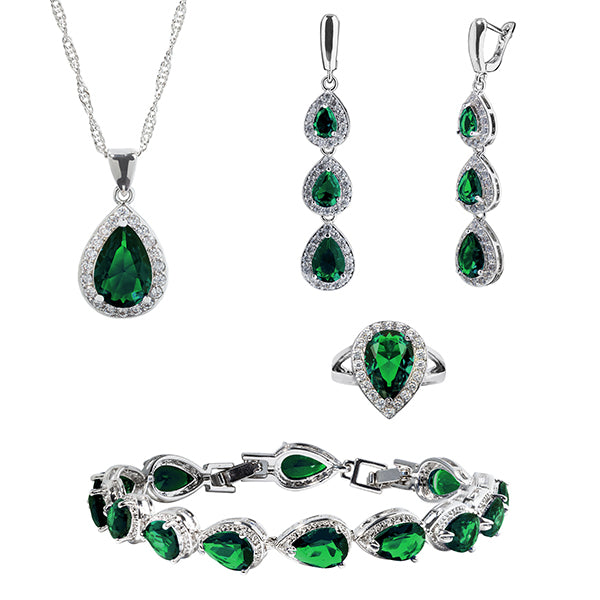 Womens Jewelry Set, 925 Sterling Silver, 4pcs Jewelry Set, Gifts For Anniversary, Main; Emerald Green