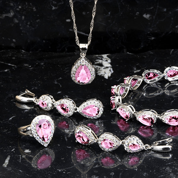 Womens Jewelry Set, 925 Sterling Silver, 4pcs Jewelry Set, Gifts For Anniversary, Alt Black; Tourmaline Pink