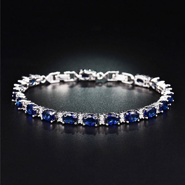 Elegant Womens Fashion Bracelet with created Blue Oval Stones Silver bk