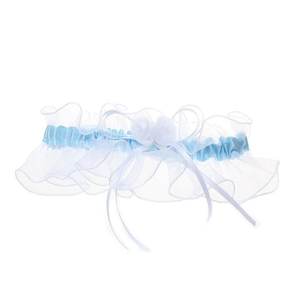 Fancy White and Blue Bride Wedding Garter with Rose and Bow - Gifts Are Blue - 1