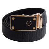 FEDEY Mens Ratchet Belt w PEACE Statement Buckle, Leather, Classic, Main, Black/Gold