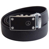 FEDEY Mens Ratchet Belt w PEACE Statement Buckle, Leather, Classic, Main, Black/Silver