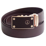 FEDEY Mens Ratchet Belt w PEACE Statement Buckle, Leather, Classic, Main, Brown/Gold