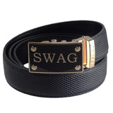 FEDEY Mens Ratchet Belt with SWAG Automatic Buckle, Classic, Leather, Main, Black/Gold