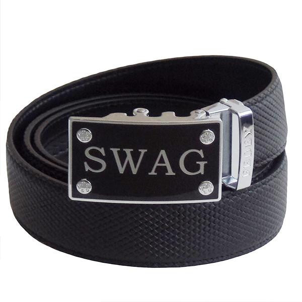 FEDEY Mens Ratchet Belt with SWAG Automatic Buckle, Classic, Leather, Main, SWAG, Black/Silver