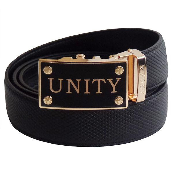 FEDEY Mens Classic Ratchet Belt with UNITY Statement Buckle, Leather, Main, Black/Gold