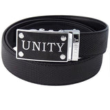 FEDEY Mens Classic Ratchet Belt with UNITY Statement Buckle, Leather, Main, Black/Silver