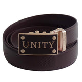 FEDEY Mens Classic Ratchet Belt with UNITY Statement Buckle, Leather, Main, Brown/Gold