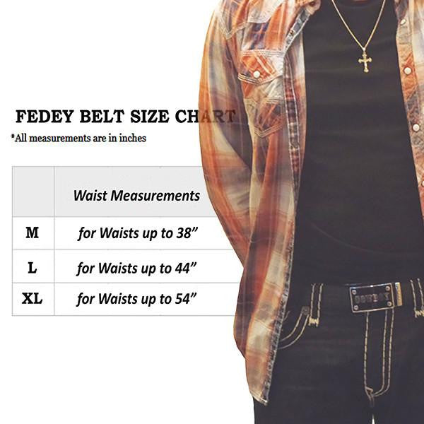 FEDEY Mens Classic Ratchet Belt with UNITY Statement Buckle, Leather, Size Chart, all SKUs