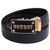 FEDEY Mens Signature Ratchet Leather Belt, COWBOY Buckle, Statement Belt, Main, Black/Gold