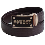 FEDEY Mens Signature Ratchet Leather Belt, COWBOY Buckle, Statement Belt, Main, Brown/Gold