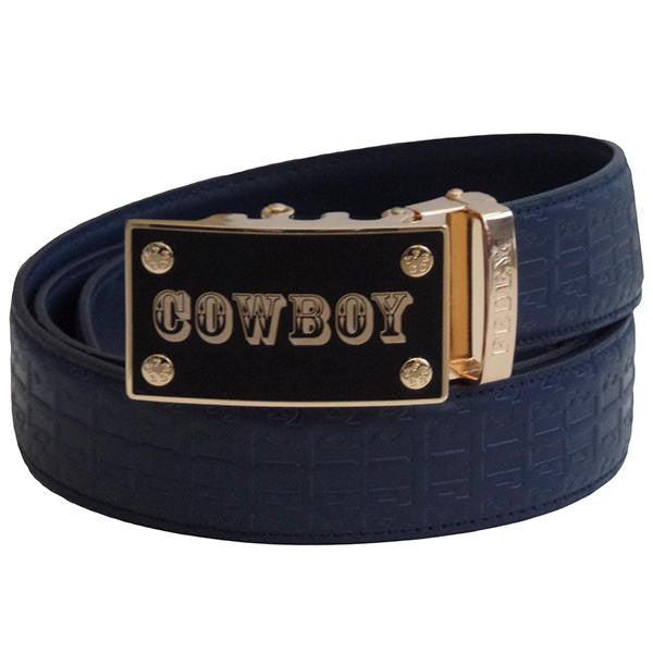 FEDEY Mens Signature Ratchet Leather Belt, COWBOY Buckle, Statement Belt, Main, Blue/Gold