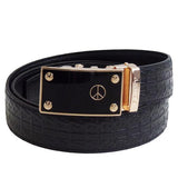 FEDEY Mens Signature Ratchet Leather Belt w PEACE Statement Buckle, Main, Black/Gold