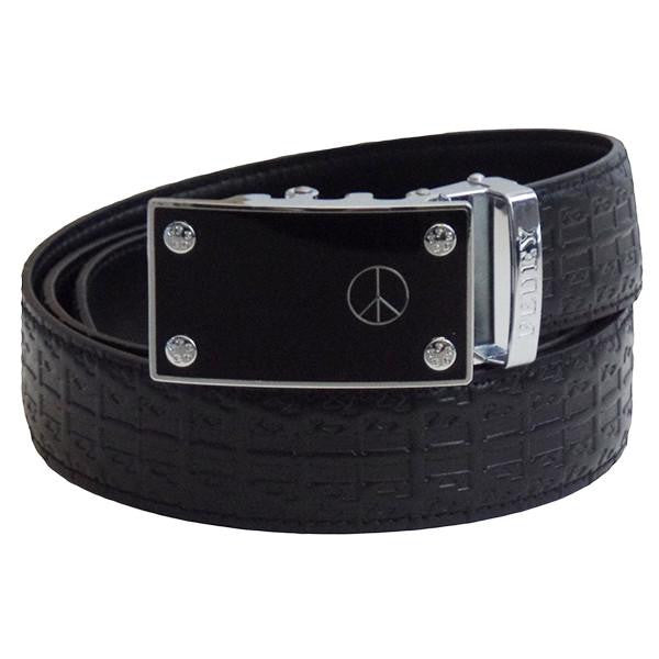 FEDEY Mens Signature Ratchet Leather Belt w PEACE Statement Buckle, Main, Black/Silver