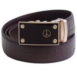 FEDEY Mens Signature Ratchet Leather Belt w PEACE Statement Buckle, Main, Brown/Gold